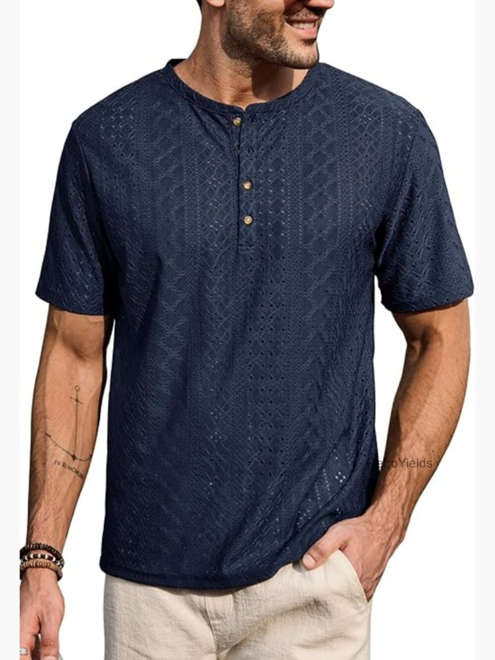 Textured Henley Shirt Jacquard Summer Casual Hollow Out Tee S-XXL